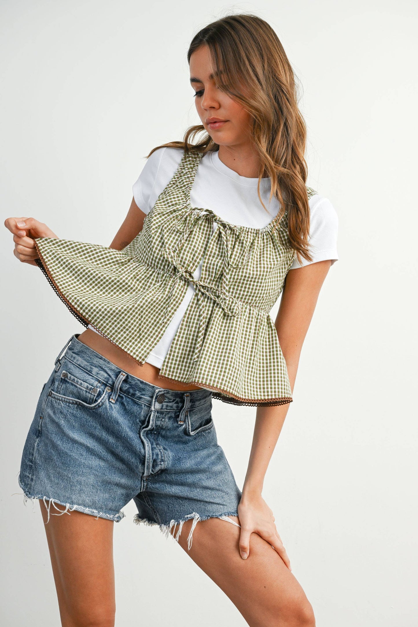 Tie-Front Sleeveless Peplum Tank Top - BMT7875: OLIVE MULTI