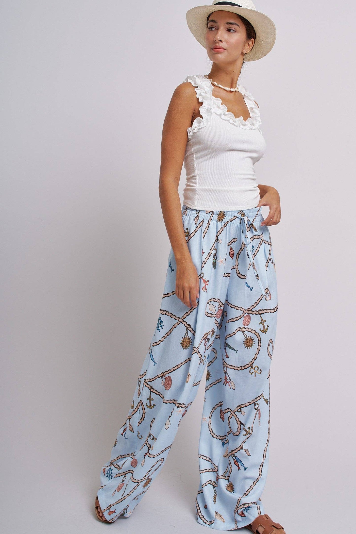 Rope Print Wide Leg Maxi Pants With Drawstring: Blue