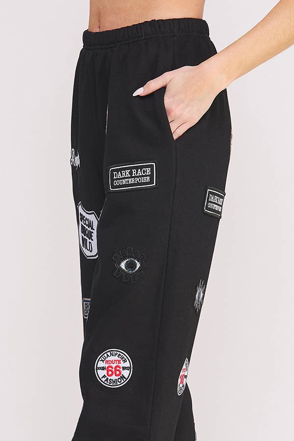 High waist Multi Patches Jogger Pants: Black