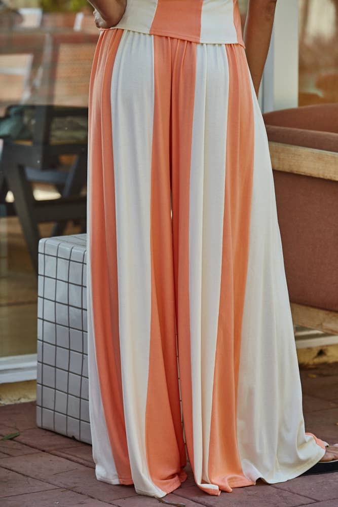 Striped Wide Leg Pants: Neon Salmon Cream