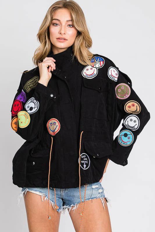 Smile Patchwork Jacket: Black