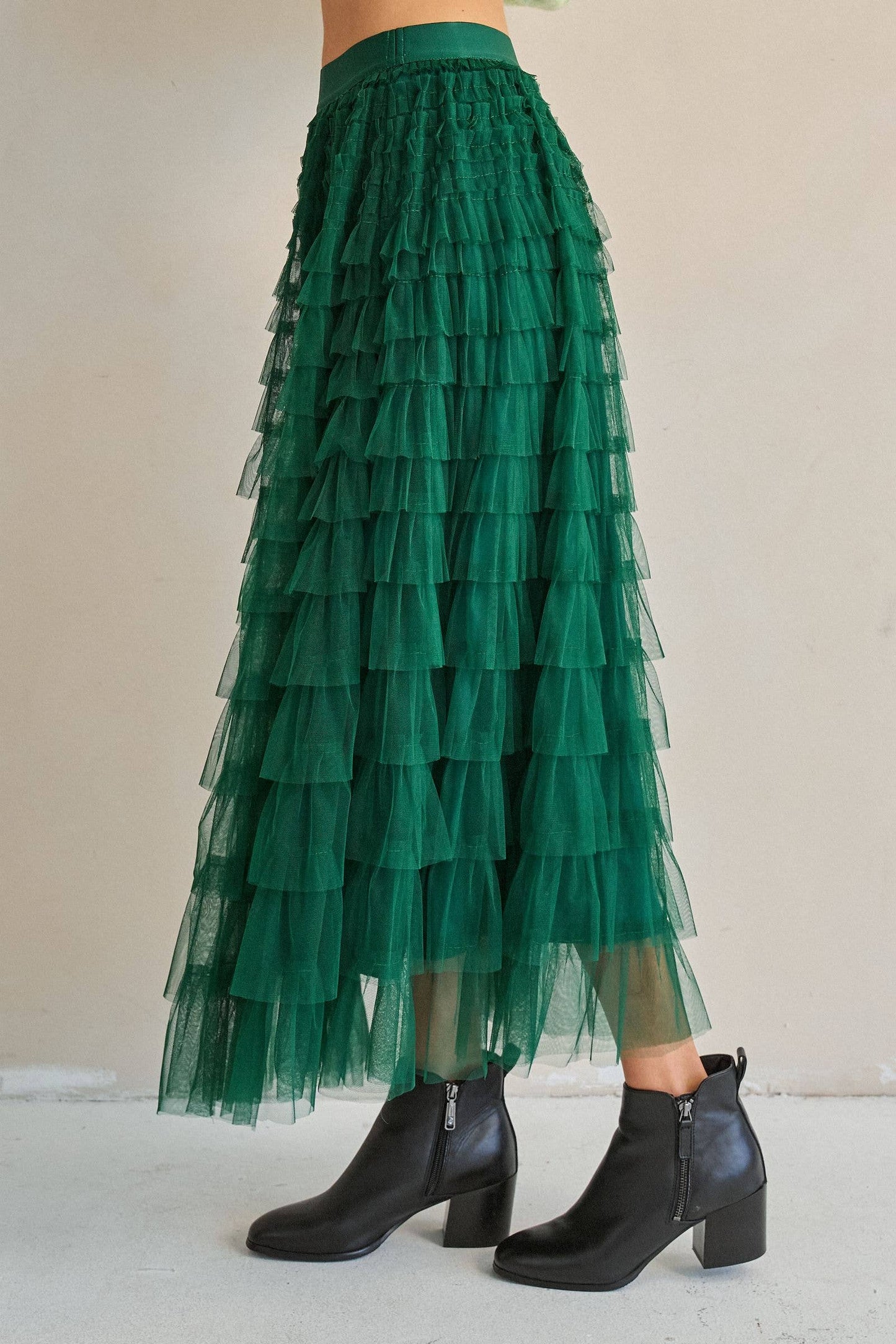 TIERED RUFFLE MESH MAXI SKIRT: GREEN