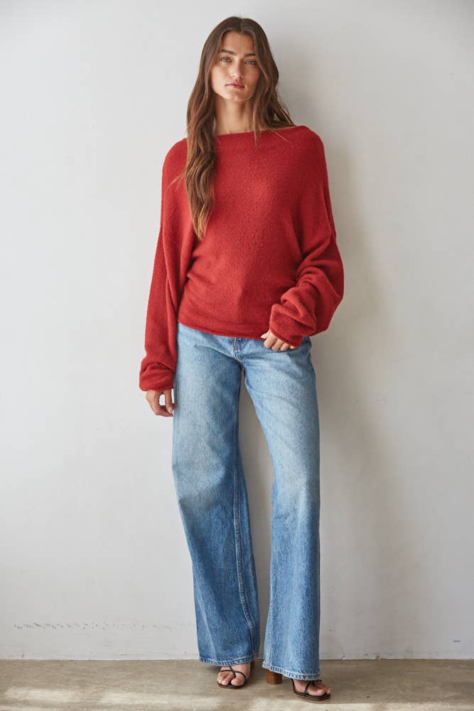 Boat Neck Long Sleeve Pullover Top: Wine