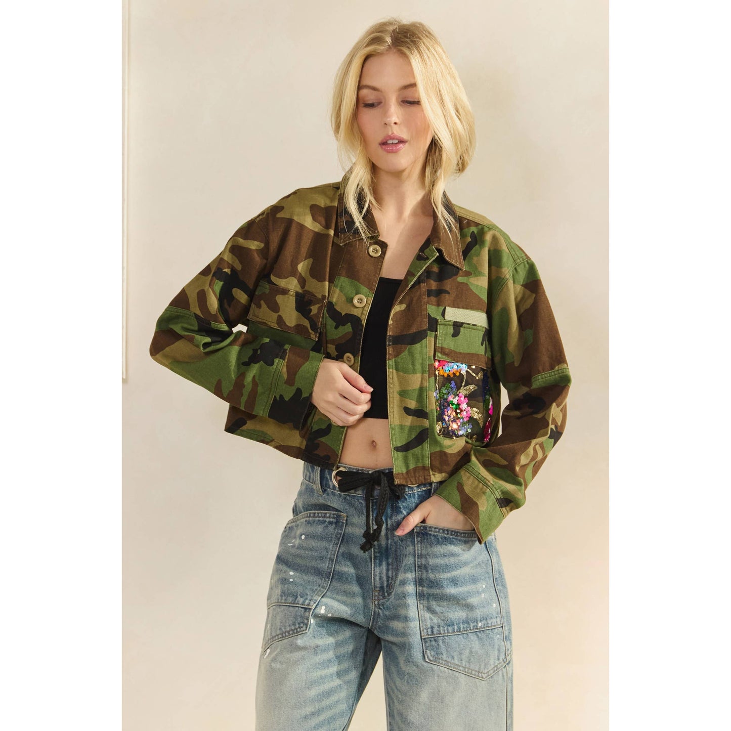 Camo/Sequin Contrast Jacket: Camo Sequin