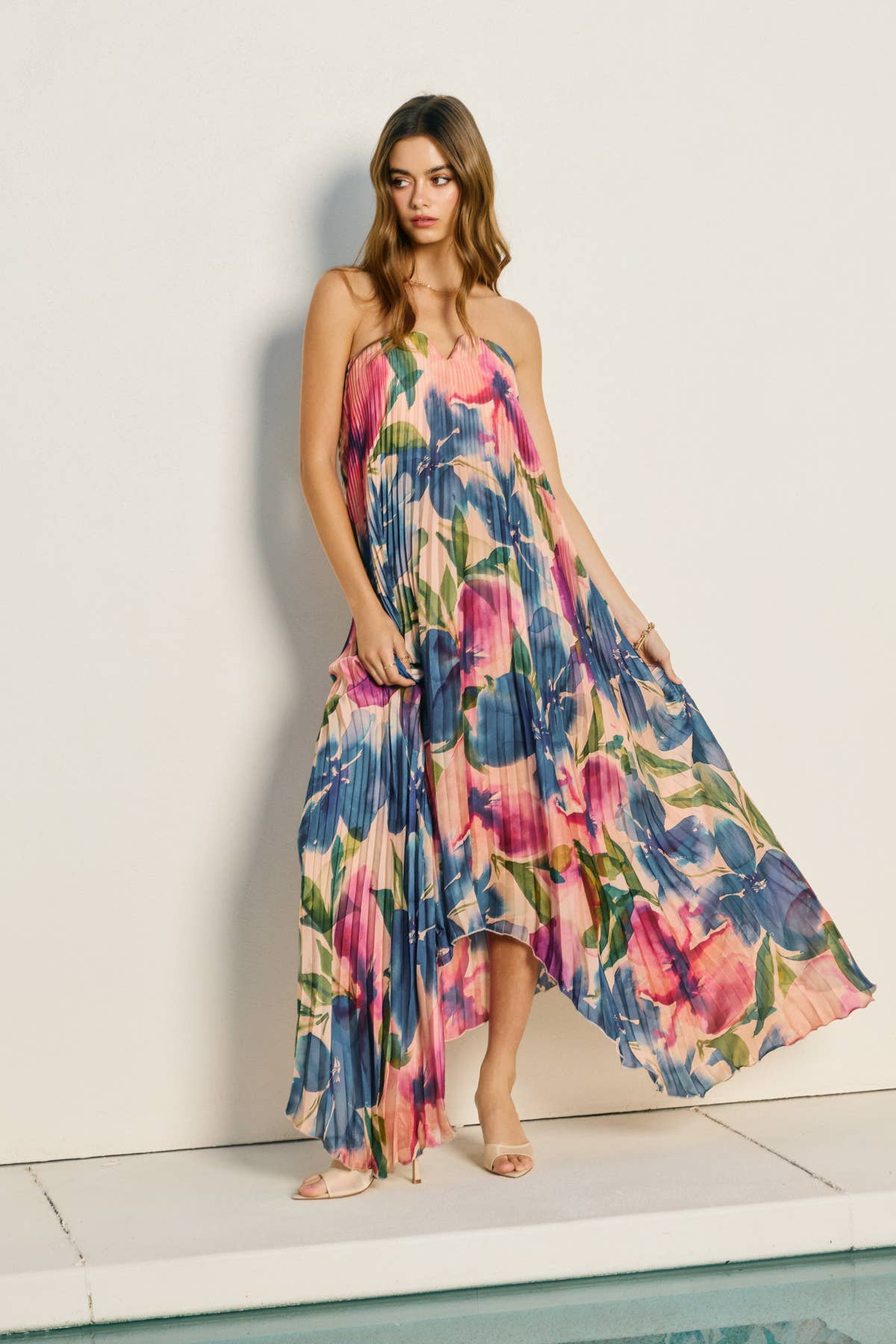 Floral Strapless Pleated Maxi Column Dress: LAPIS BLOOM