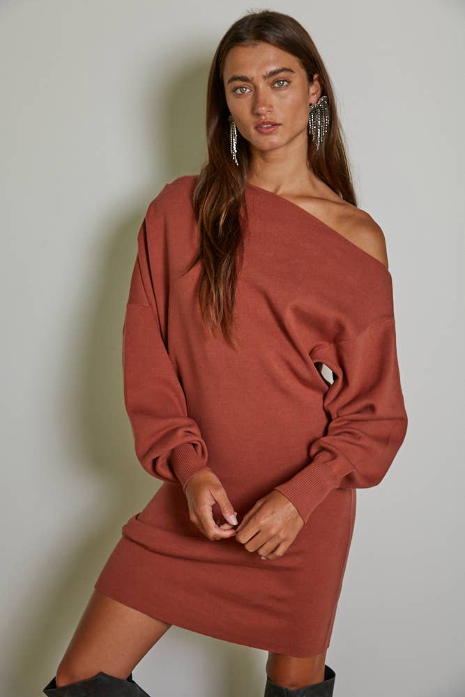 One Side Off The Shoulder Mini Dress: Terracotta