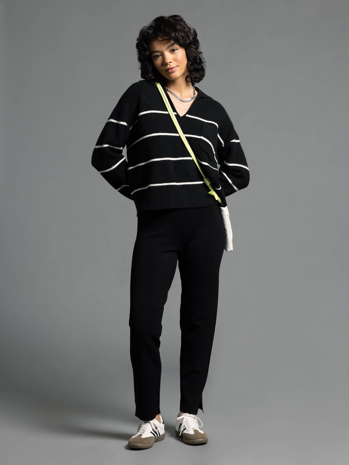 Collared Cropped Sweater - CRESSIDA SWEATER: BLACK IVORY STRIPE