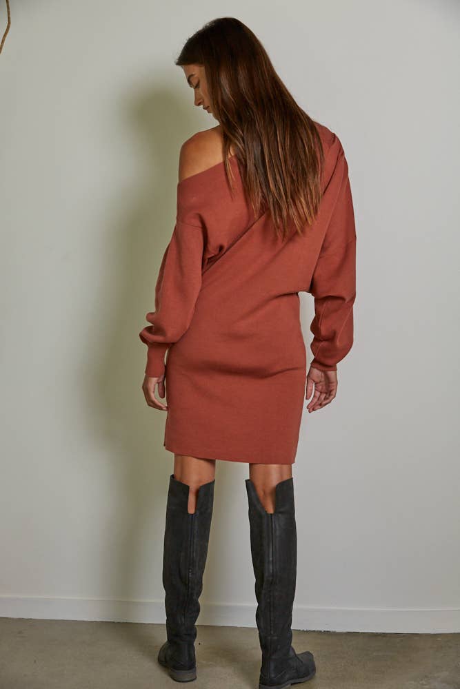 One Side Off The Shoulder Mini Dress: Terracotta