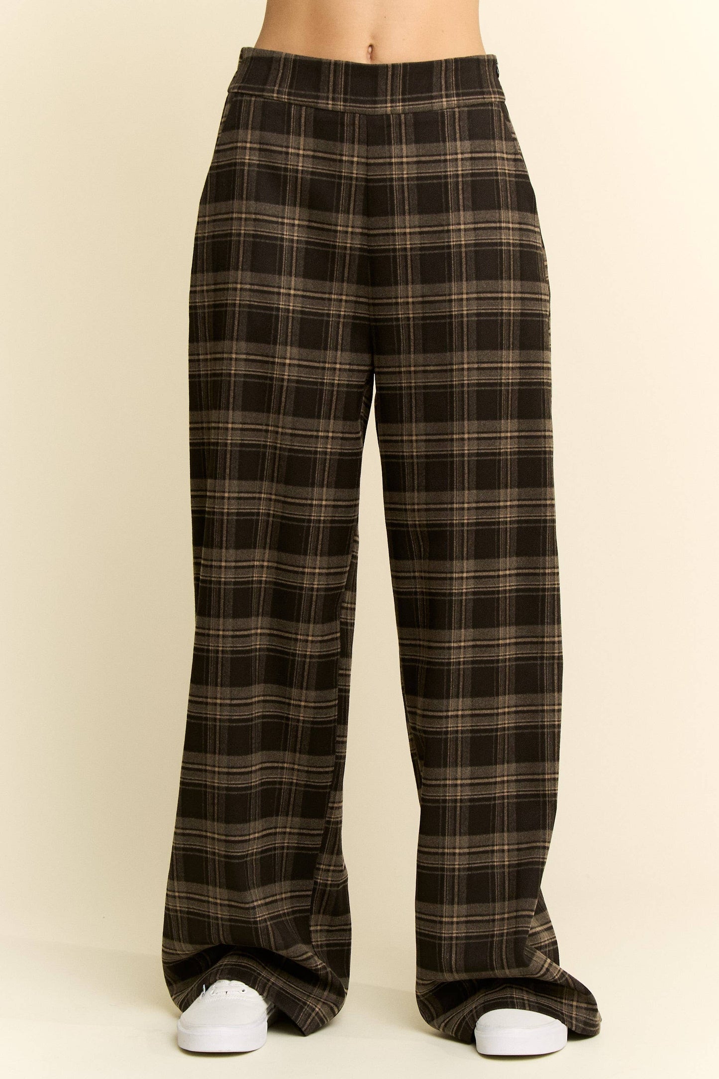 PLAID WIDE LEG SOFT DRESS PANTS: OLIVE/MOCHA