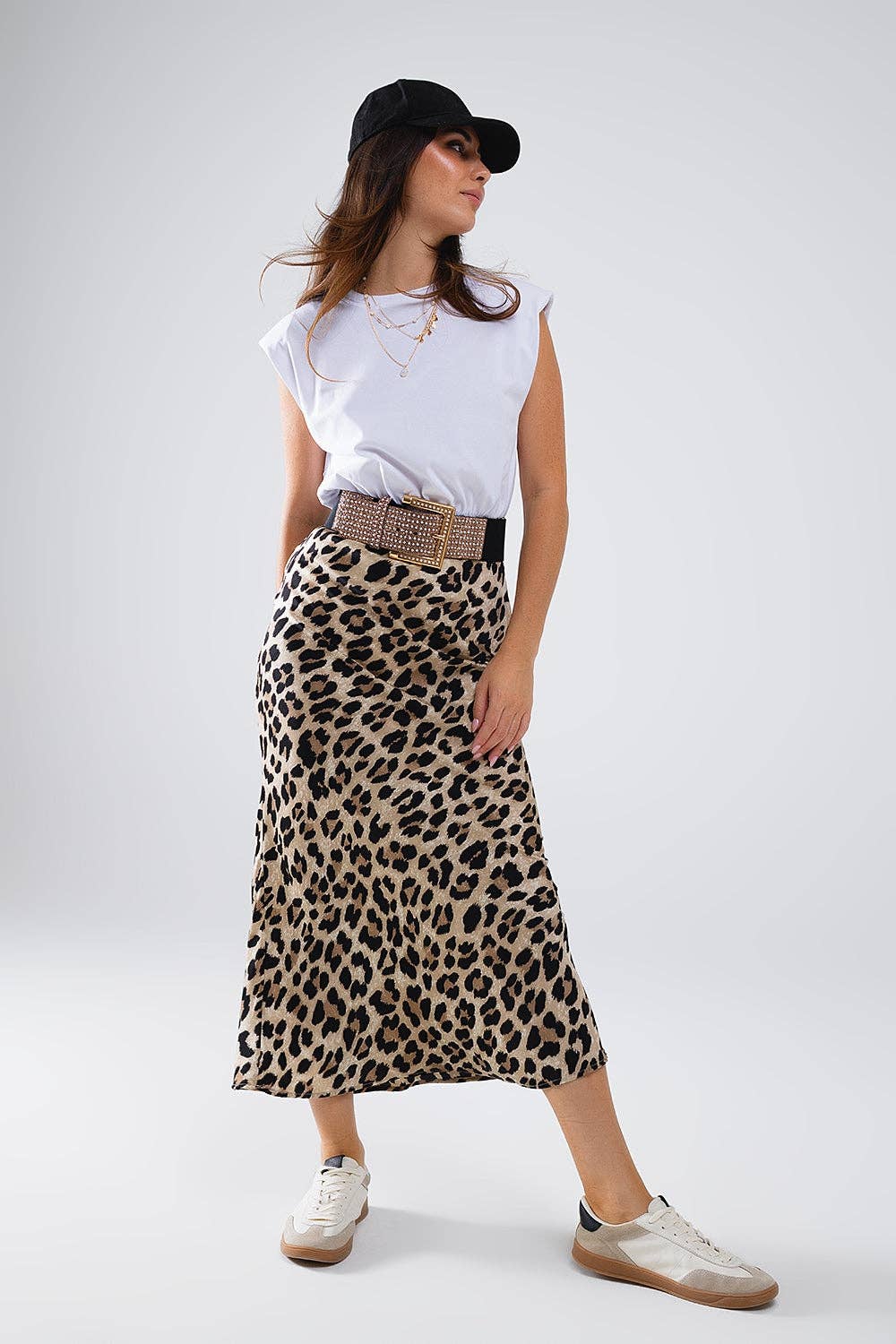 Satin-Finish Contrast Midi Dress in Leopard Print: White