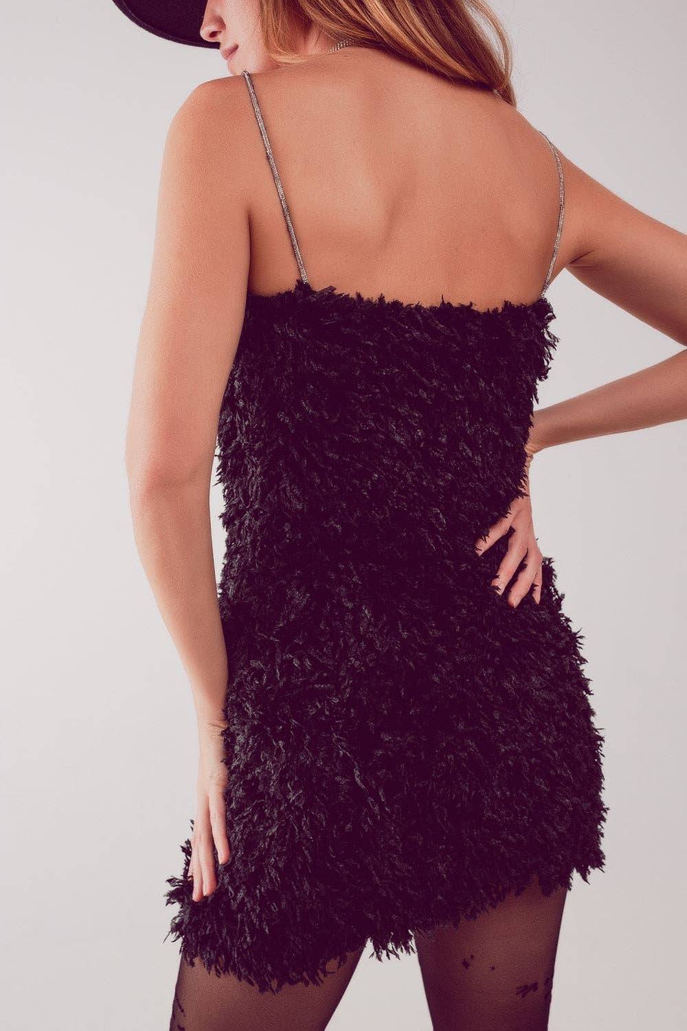 All over faux feather sleeveless mini dress in black: Black