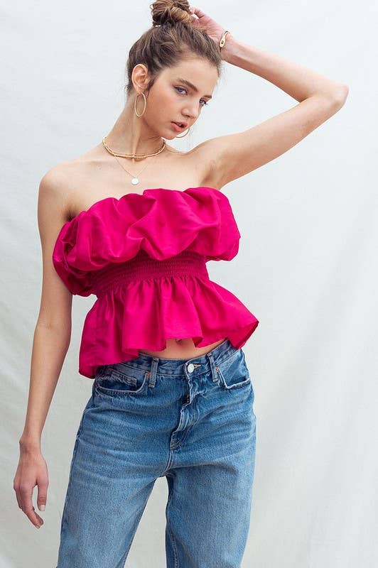 Strapless Ruffle Smocked Waist Silky Peplum Top: BERRY