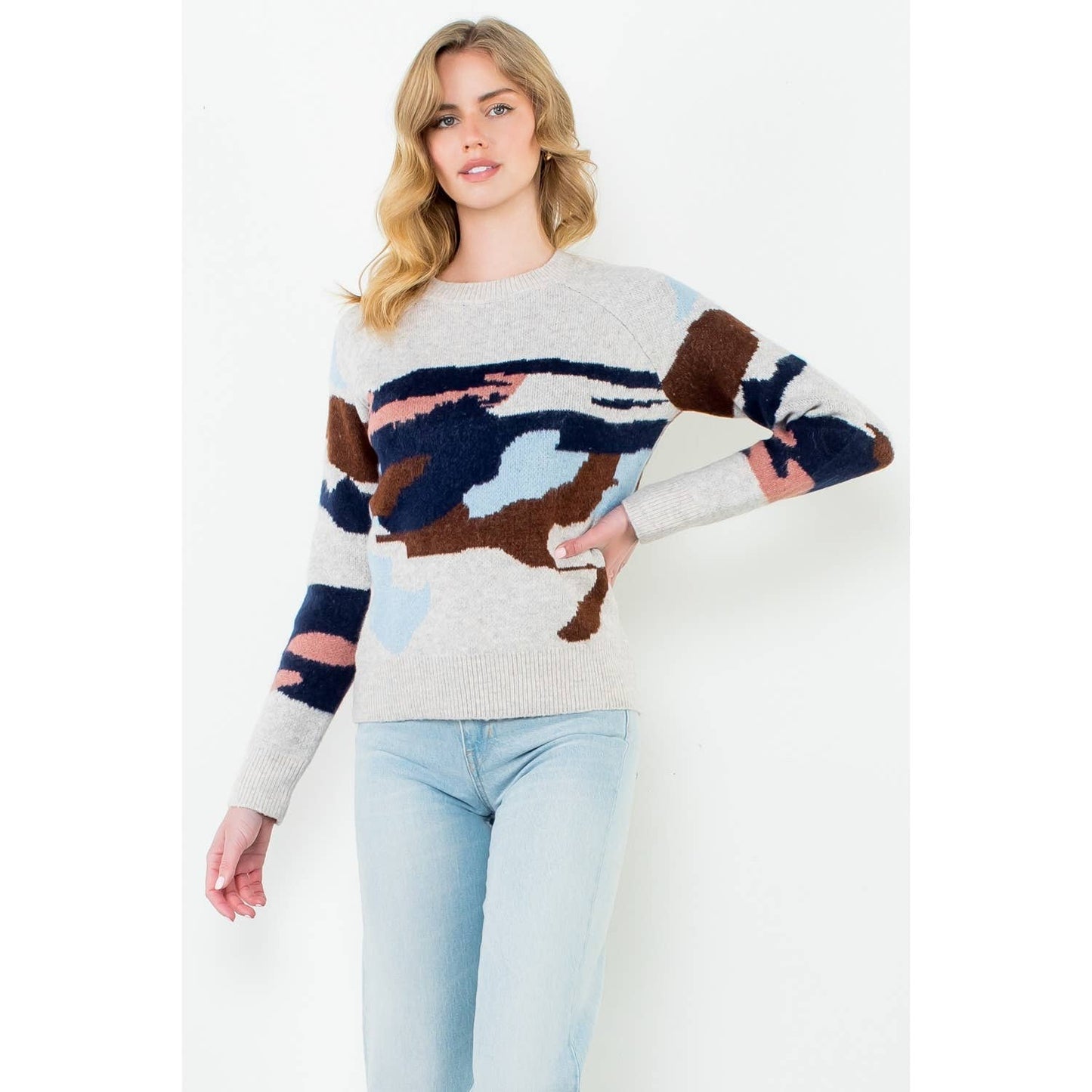 Camo Knit Crewneck: BEIGE