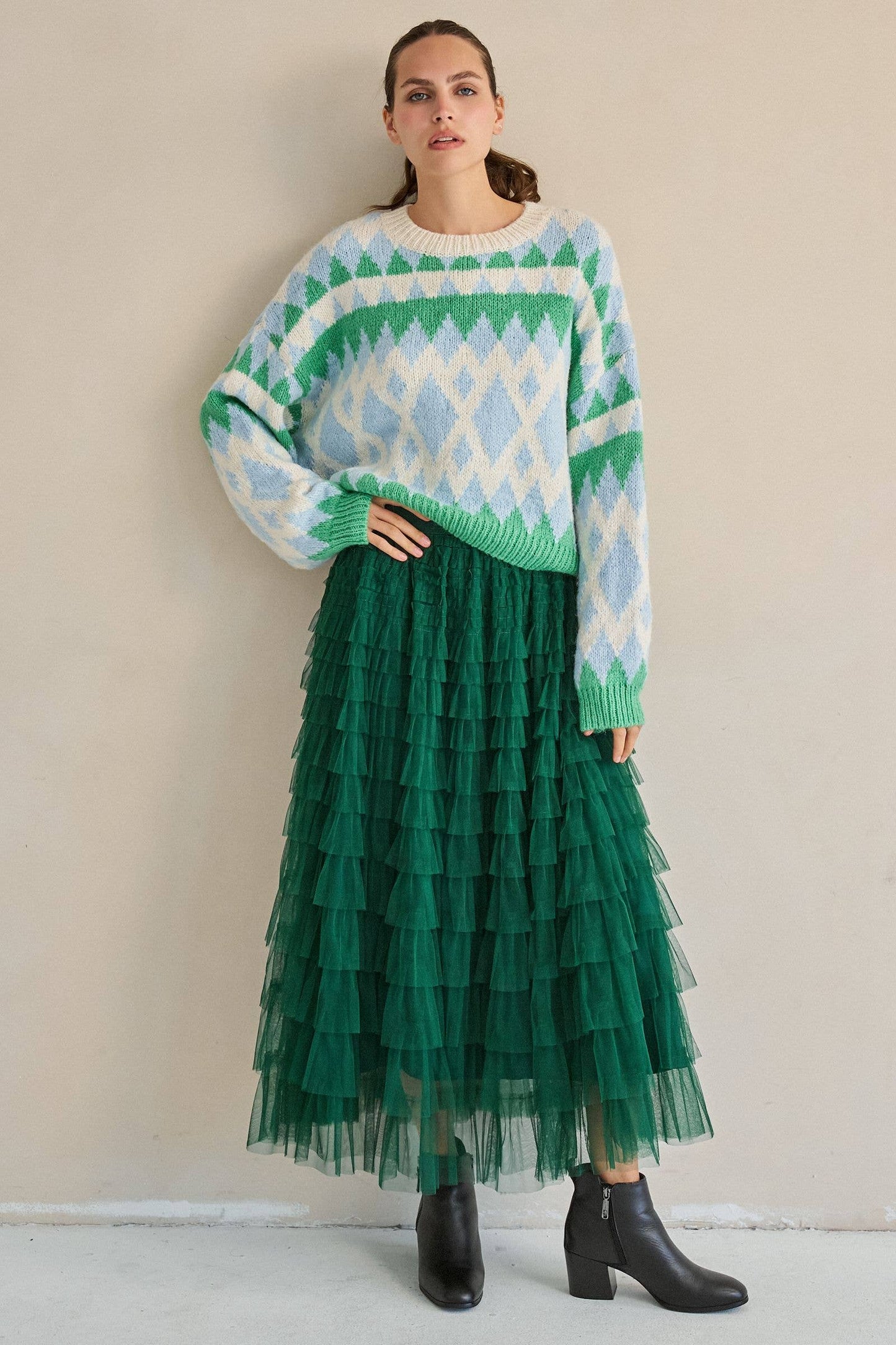 TIERED RUFFLE MESH MAXI SKIRT: GREEN