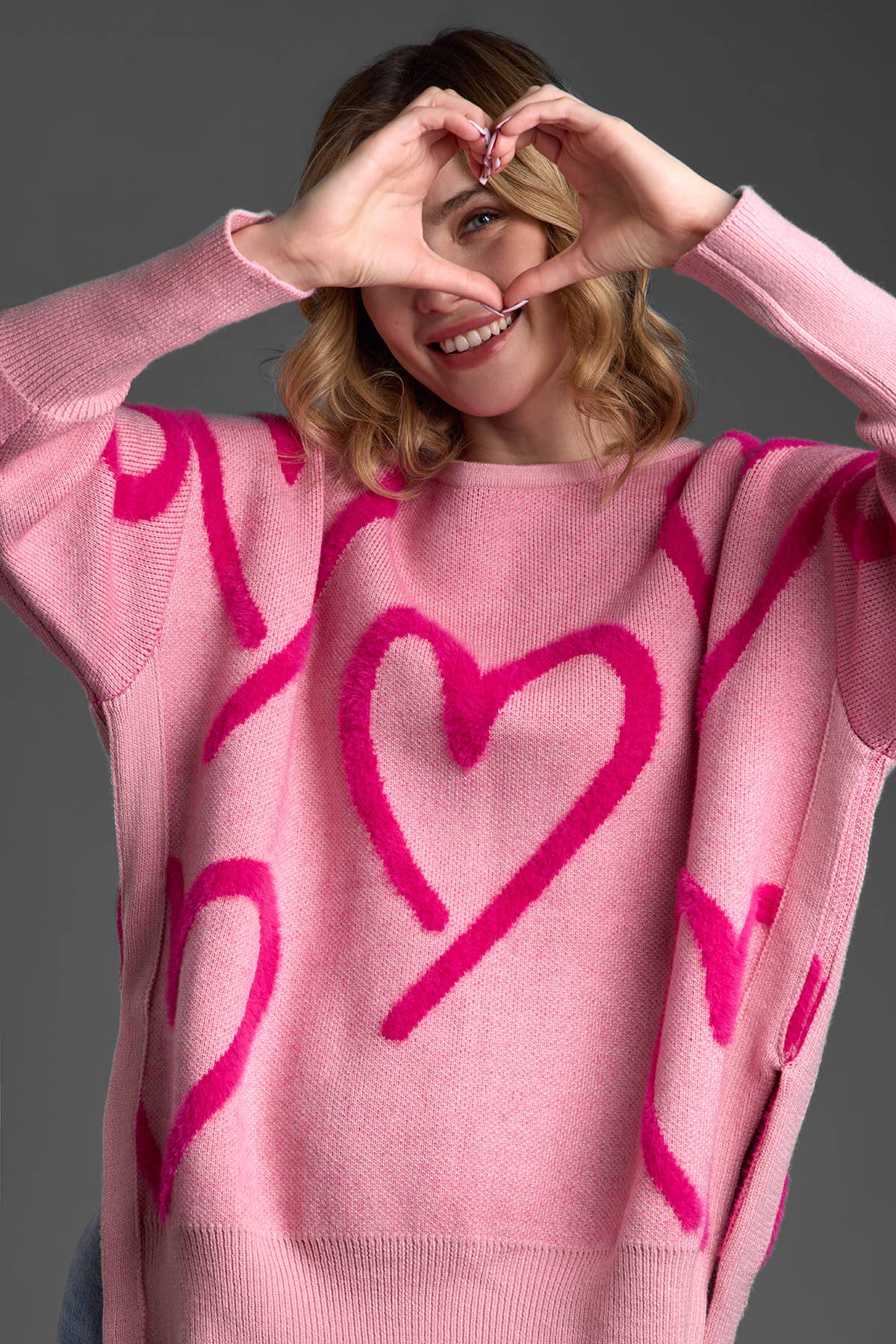 Whimsical Heart Pullover Sweater: Pink