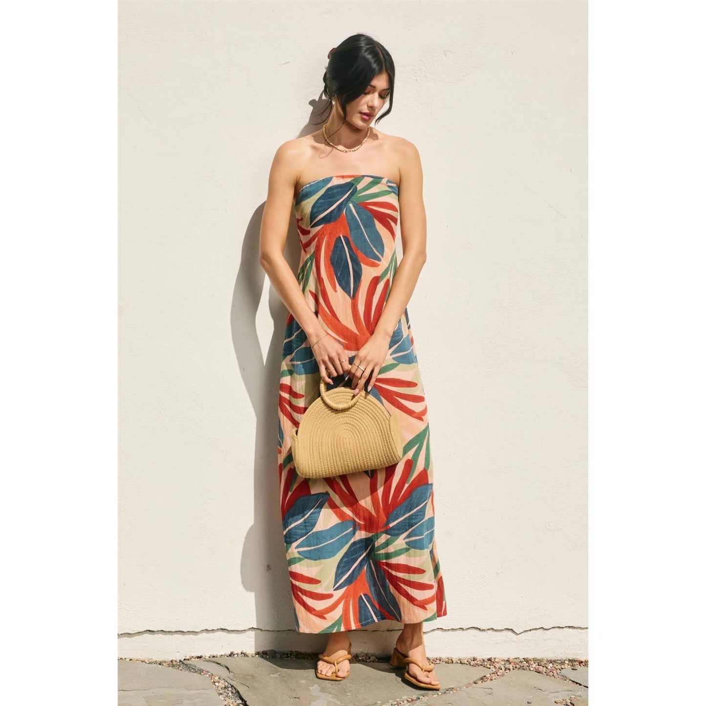 Tropical Leaf Strapless Tie Back Maxi Dress: SUN ORANGE PALM