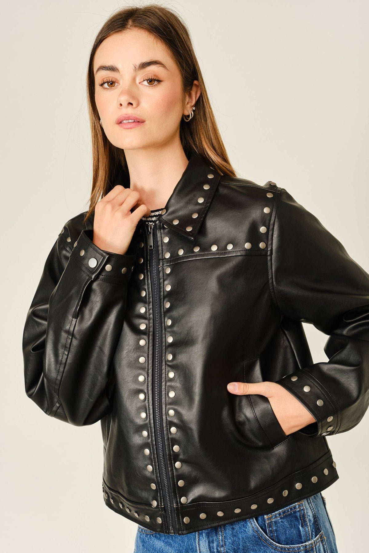 STUDDED VEGAN LEATHER JACKET: BLACK