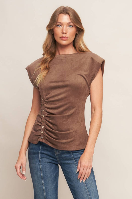 Faux suede top with front shirring - IT13851: Brown