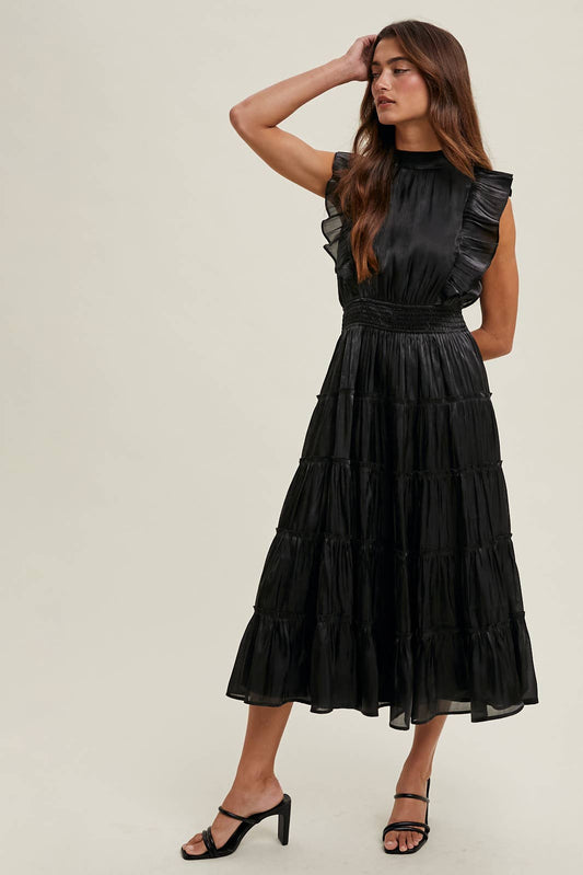 ORGANZA TIERED MIDI DRESS WITH RUFFLE DETAIL / WL23-8374: Black