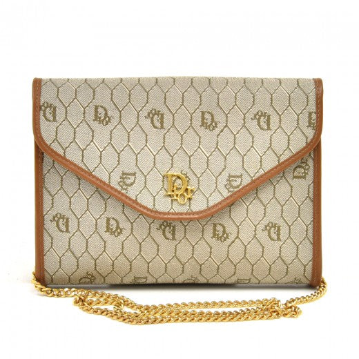 Christian Dior Honeycomb Chain Shoulder Bag Canvas Beige