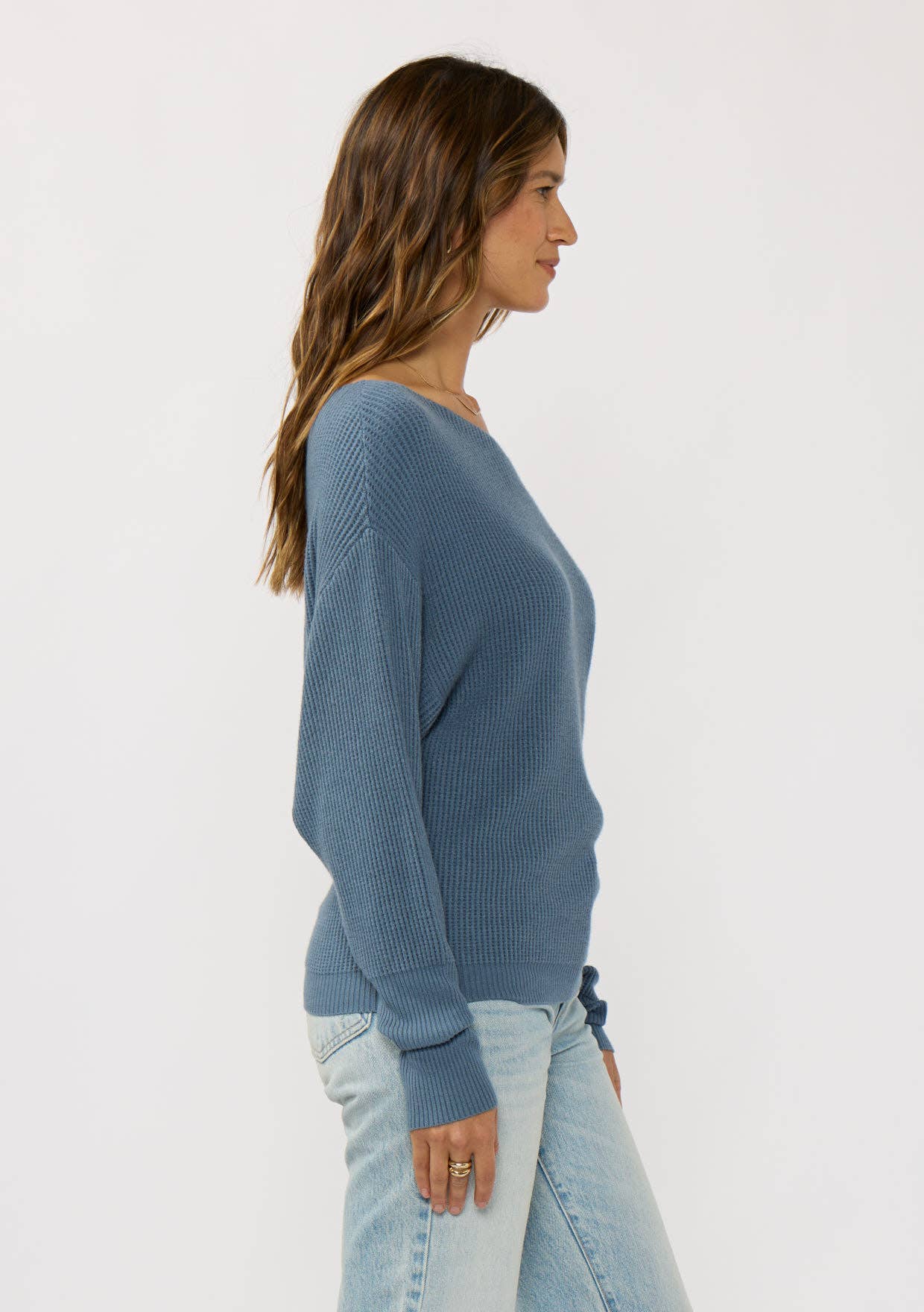 Waffle Knit Pullover Sweater: Heather Ocean