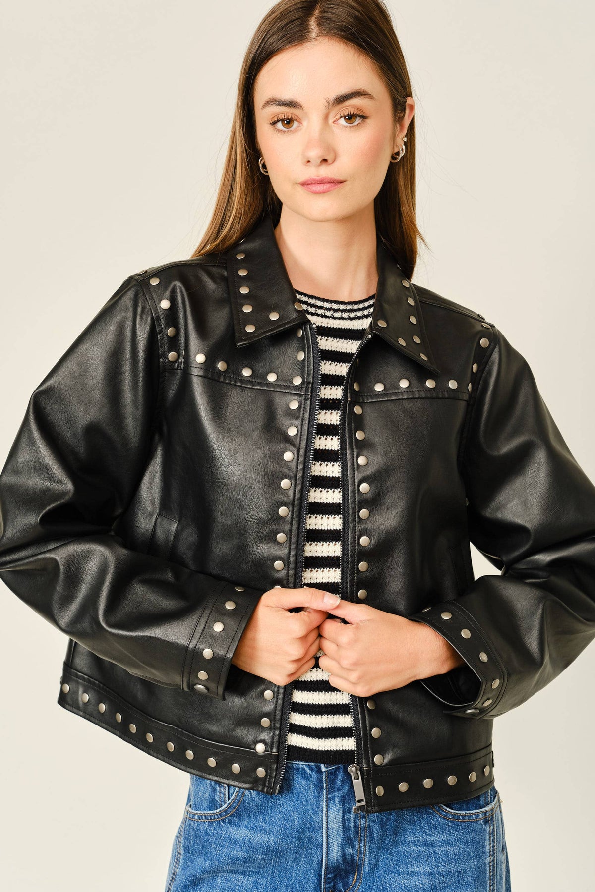 STUDDED VEGAN LEATHER JACKET: BLACK