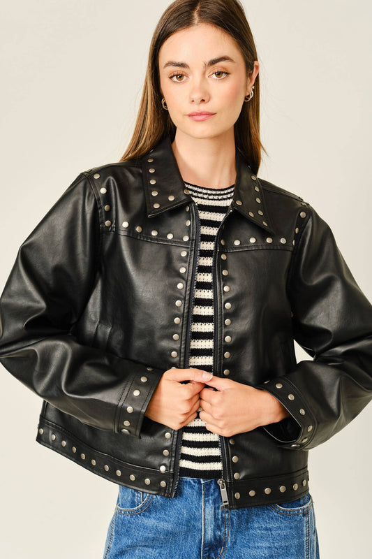 STUDDED VEGAN LEATHER JACKET: BLACK
