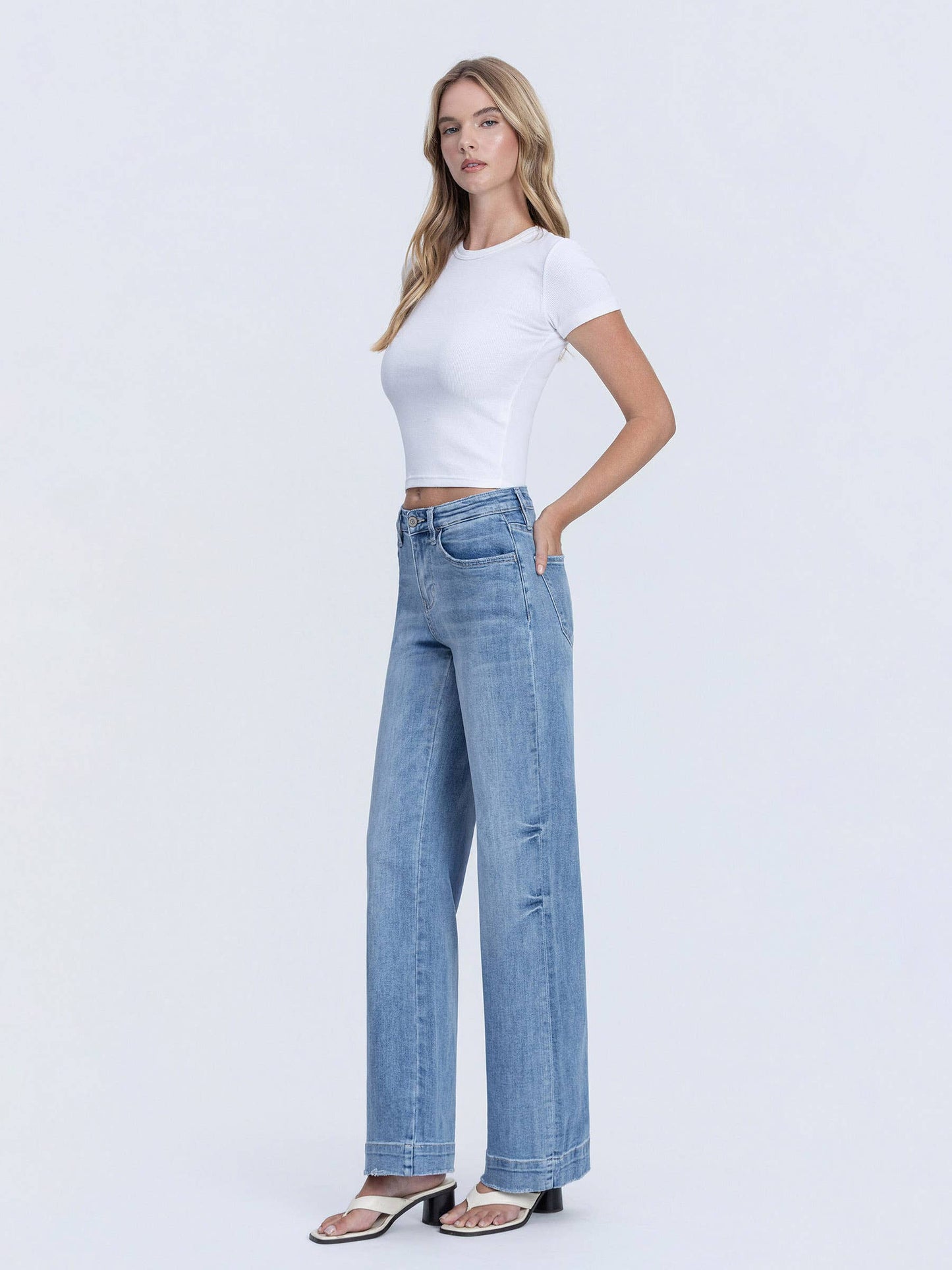 HIGH RISE MEDIUM WASH TROUSER HEM WIDE LEG JEANS F5391: PERMISSIBLE