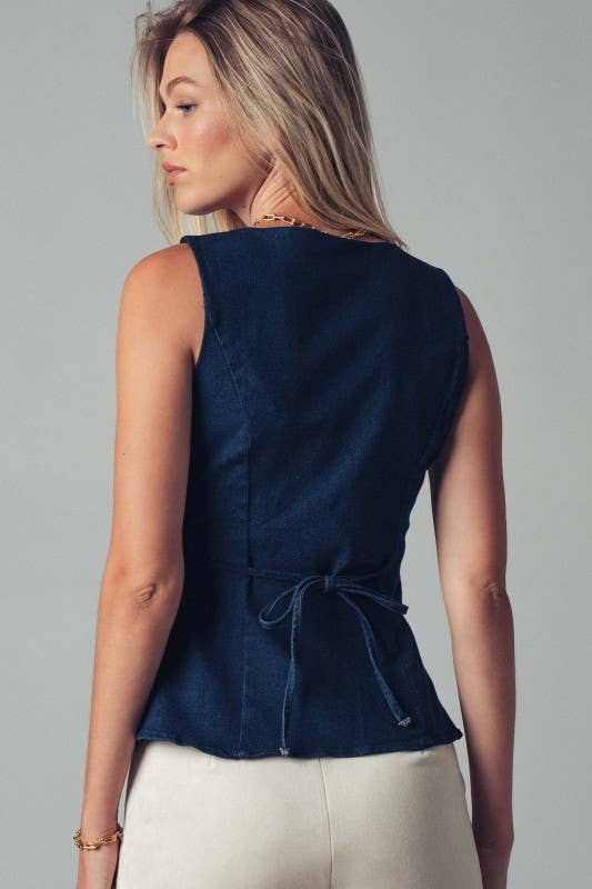 Structured Square Neck Button-Up Vest: Dark Navy DENIM