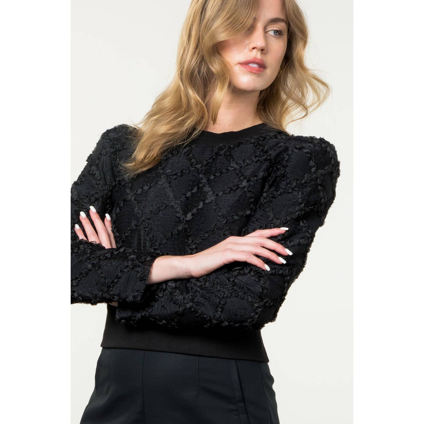 Long Sleeve Detailed Lace Top: BLACK / L