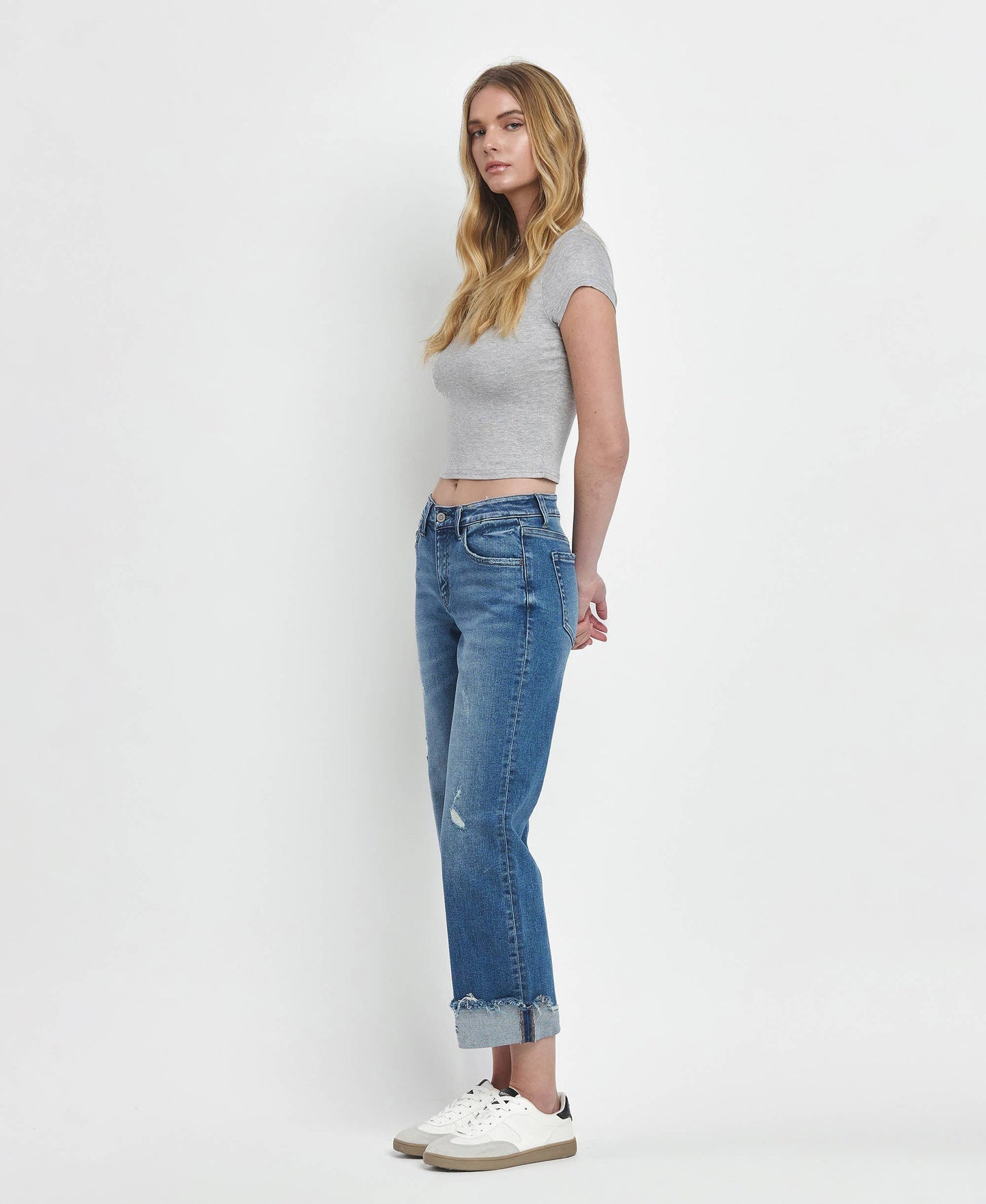 Flying Monkey - Four Season Mid Rise Raw Cuffed Hem Slim Wide Leg Jeans