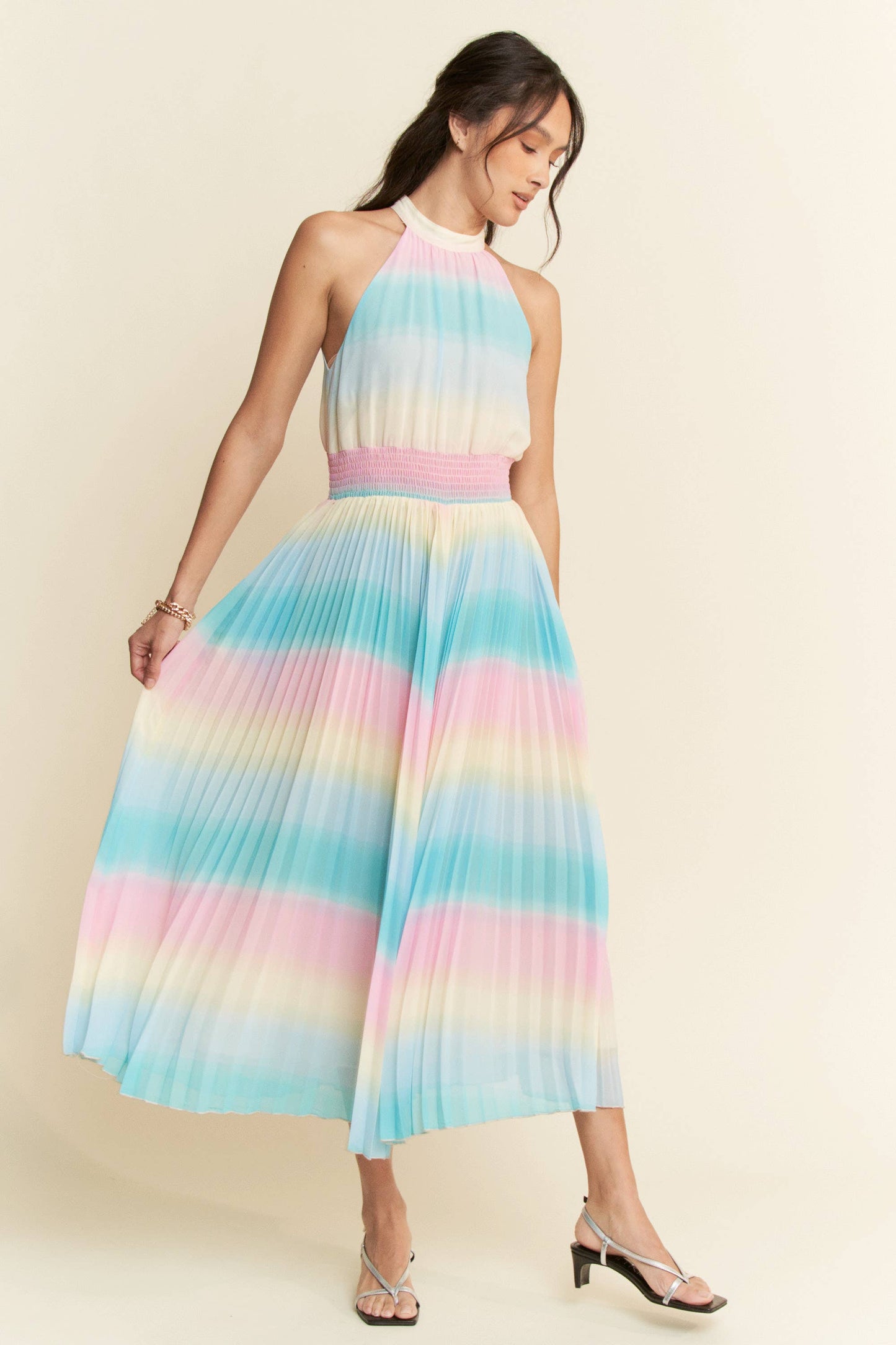 OMBRE STRIPED FULL LINED MAXI DRESS: Rainbow Combo