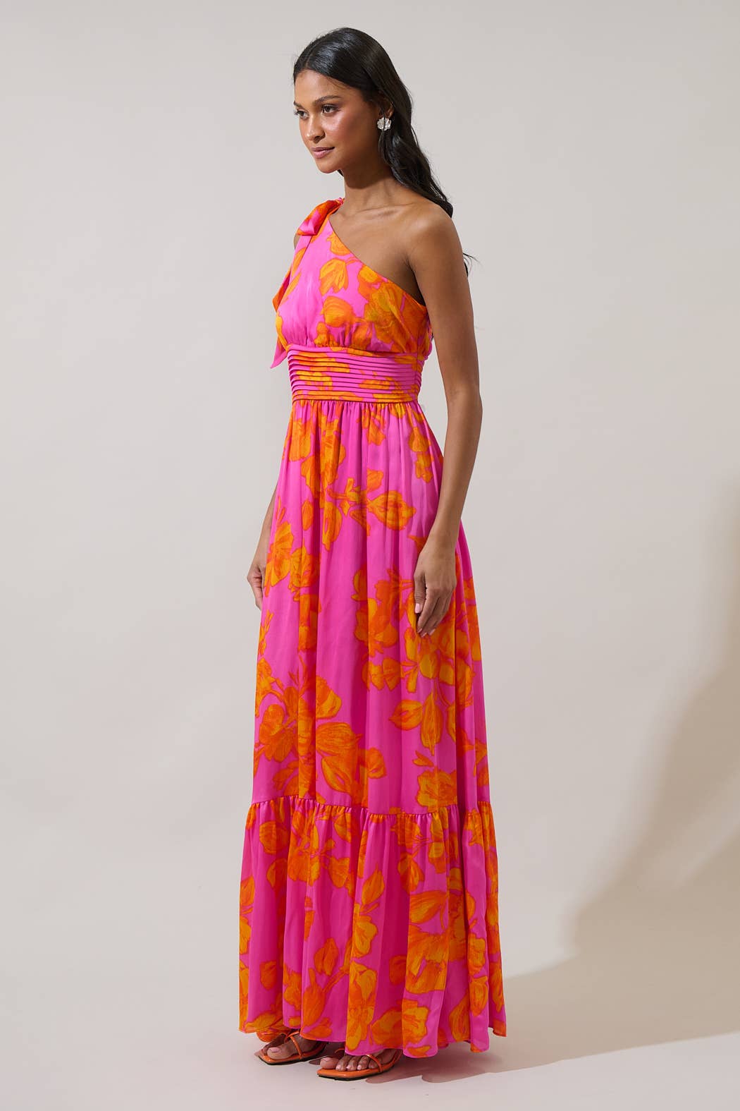 Pacey Floral Bayou One Shoulder Maxi Dress: NeonOrange/Pink