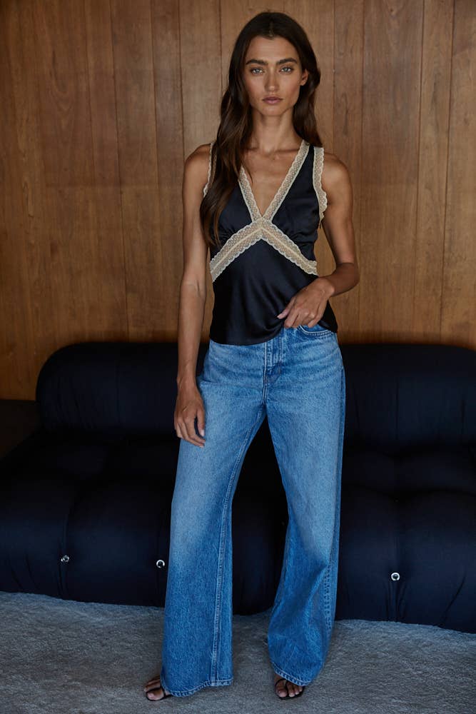 Satin Contrast Lace Trim Detail Top: Black