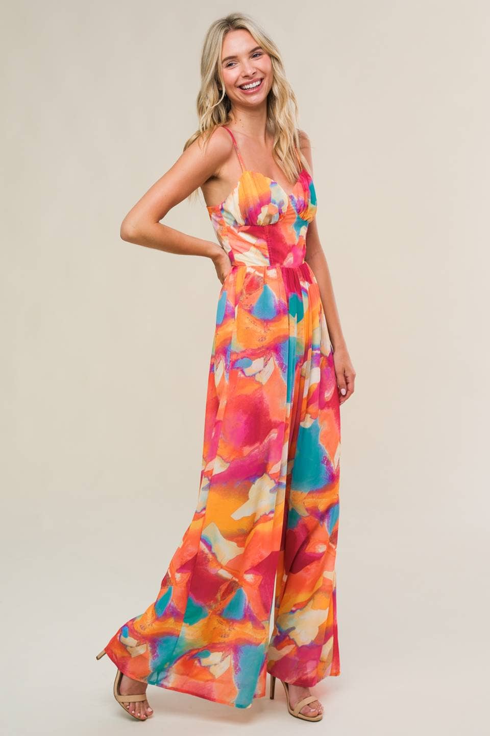 Abstract tropical jumpsuit - IP8543: MAGENTA ORANGE