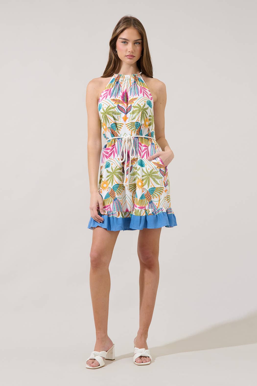 Malena Halter Ruffle Mini Dress Tropical: Multi