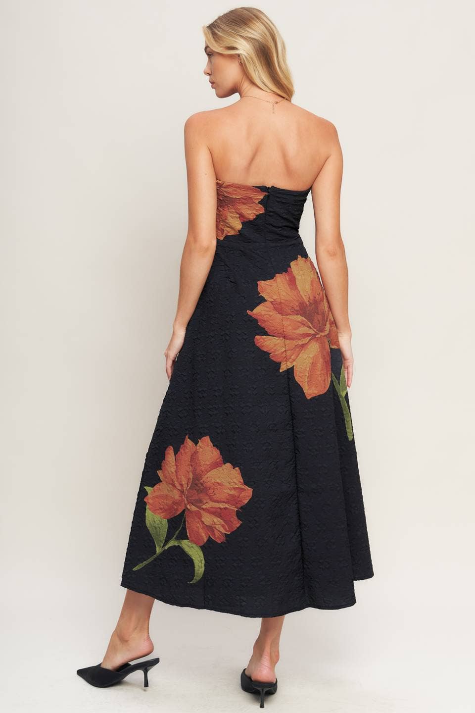 Textured strapless Floral dress - ID23194: Black