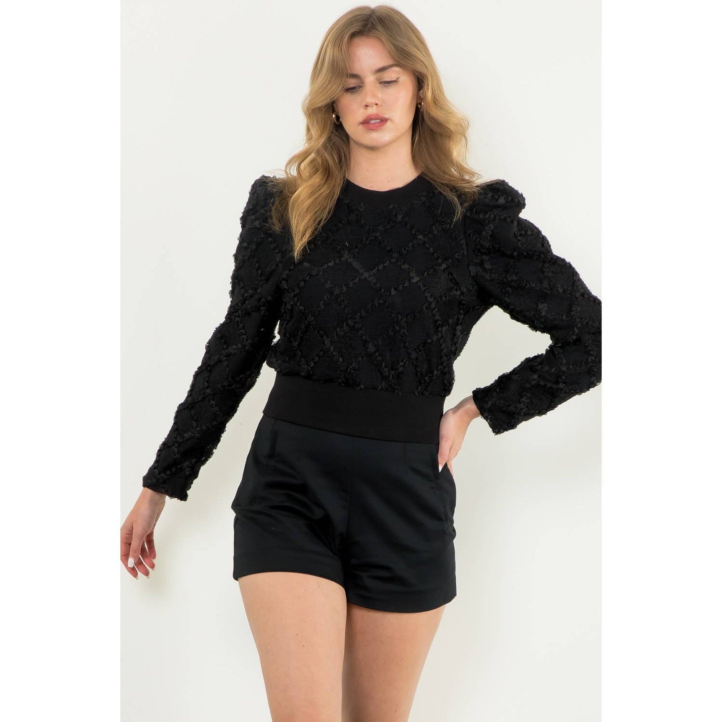 Long Sleeve Detailed Lace Top: BLACK / XS