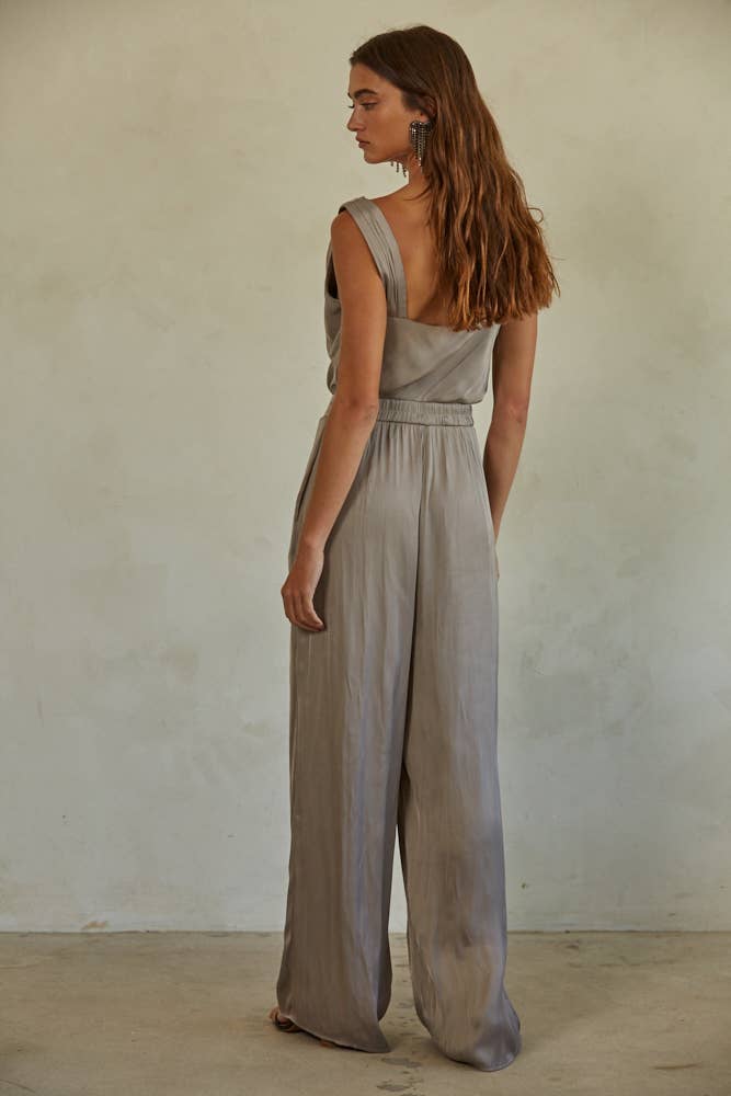 Satin Cowl One Shoulder Jumpsuit: Grey
