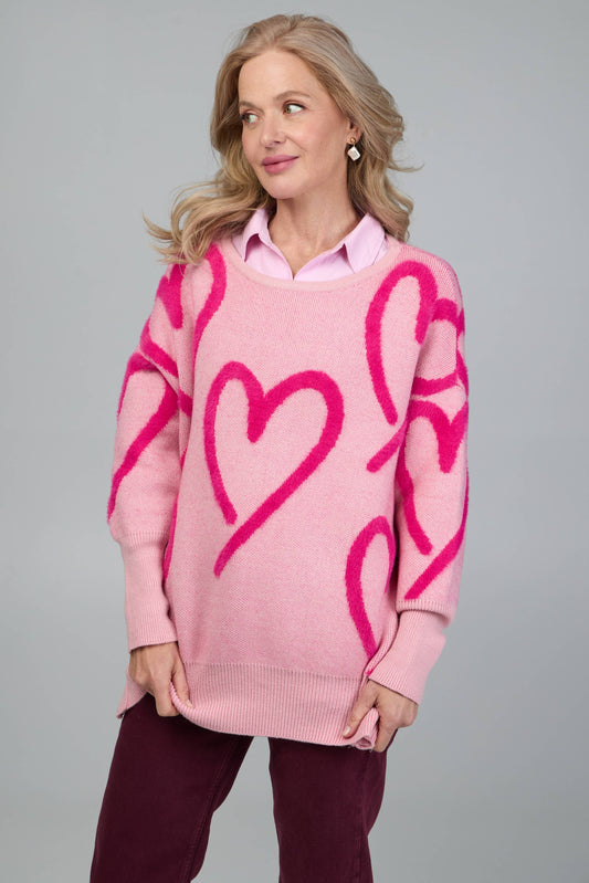 Whimsical Heart Pullover Sweater: Pink