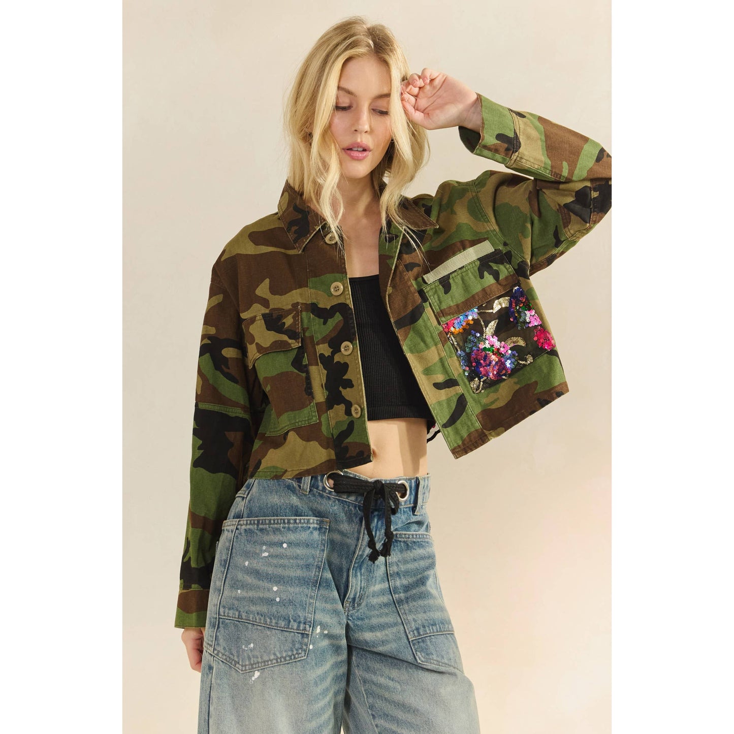 Camo/Sequin Contrast Jacket: Camo Sequin