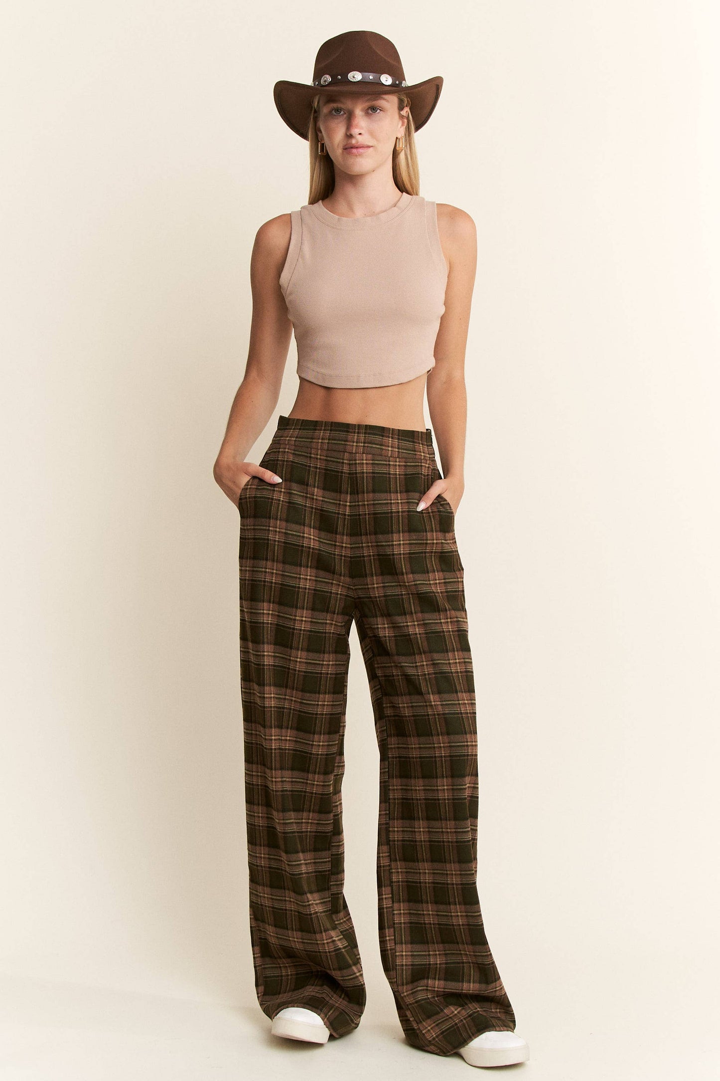 PLAID WIDE LEG SOFT DRESS PANTS: OLIVE/MOCHA