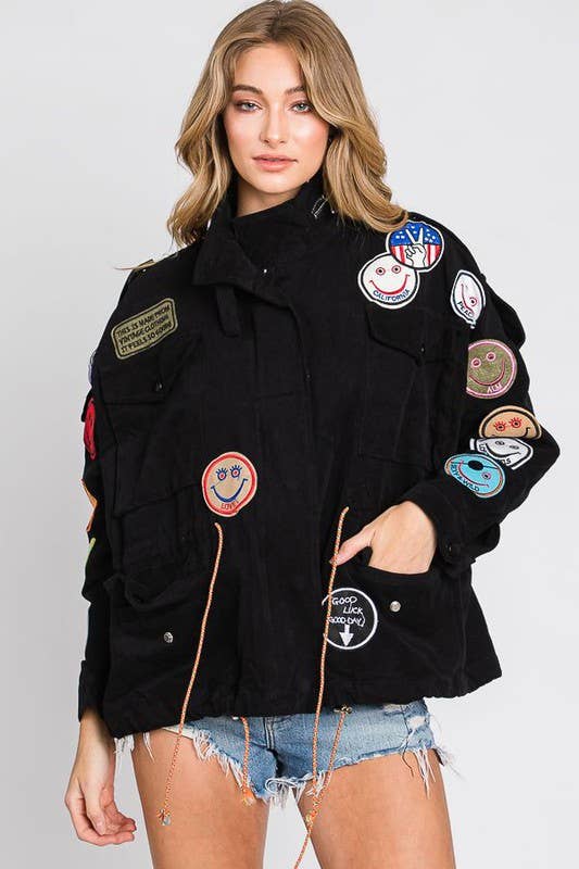 Smile Patchwork Jacket: Black