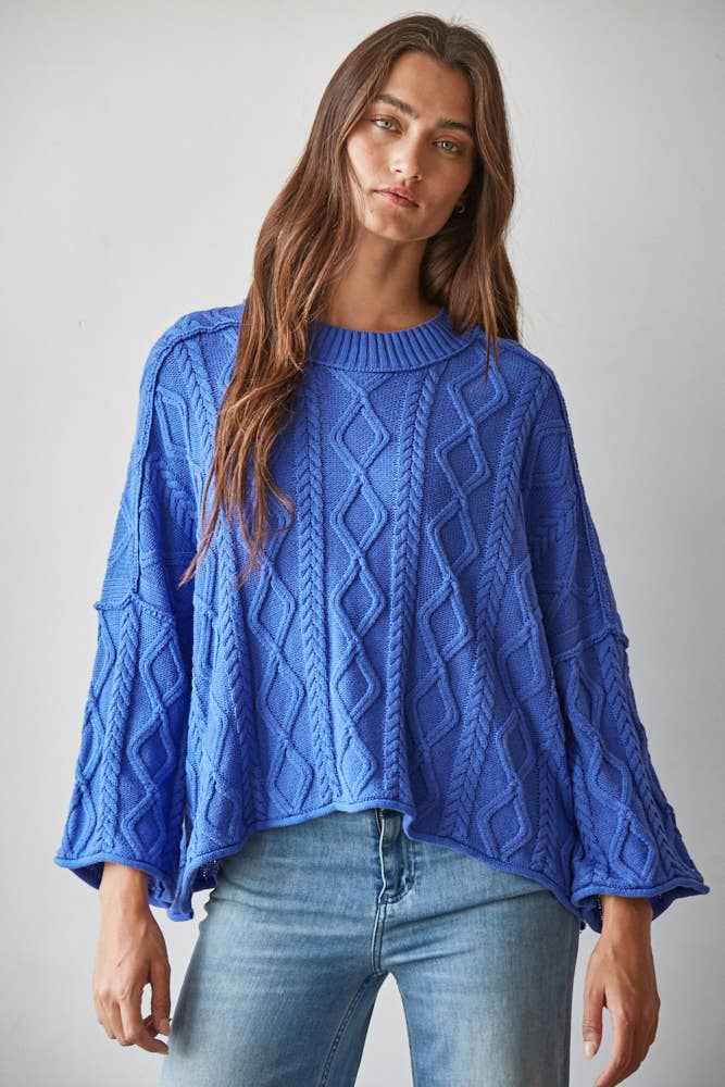 W2280 | Knit Cable Sweater Cotton 3/4 Sleeve Pullover: Cobalt Blue