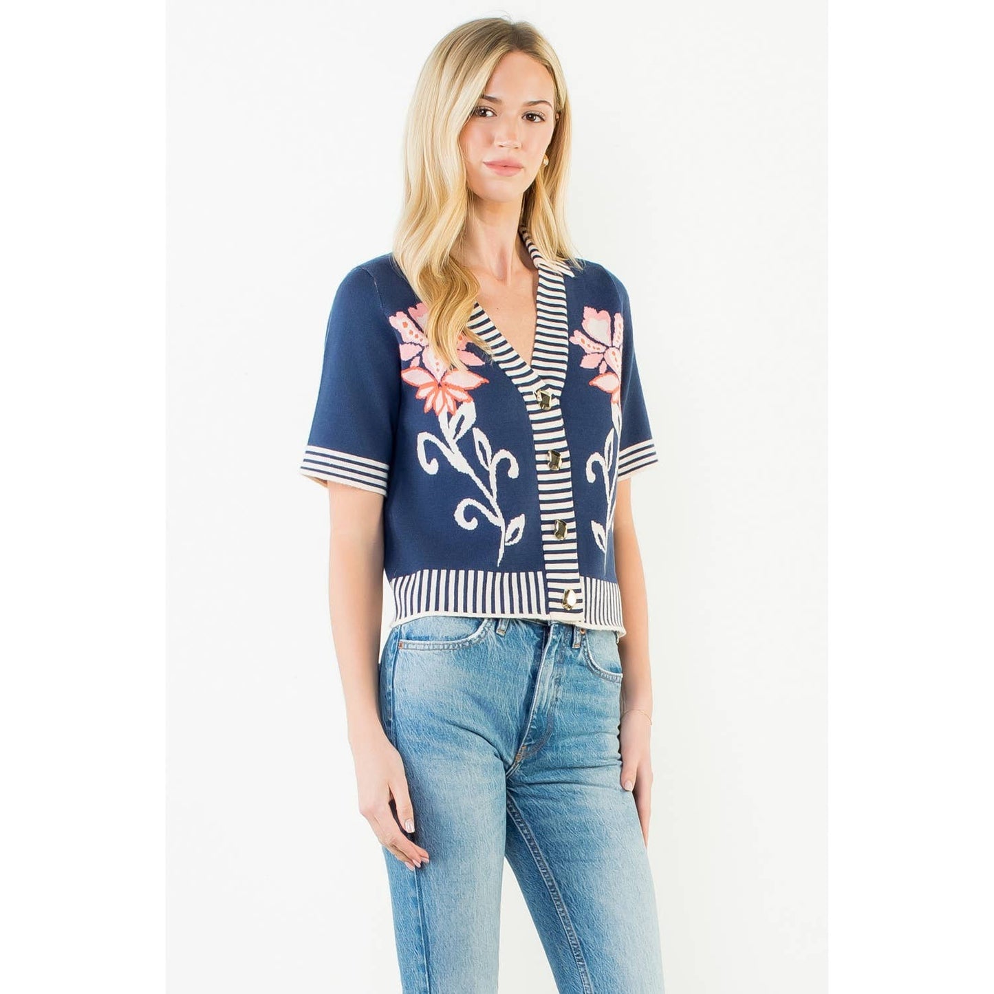 Floral Jacquard Stripe Trim Knit Top: NAVY