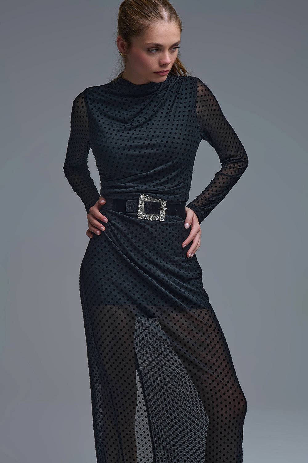 Chic Black Sheer Polka Dot Midi Dress