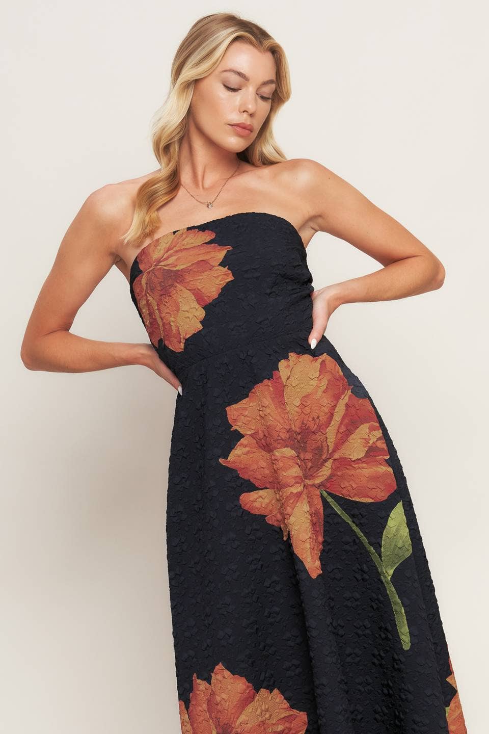 Textured strapless Floral dress - ID23194: Black