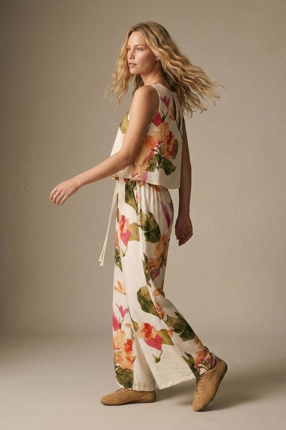 Cream Floral Print Sleeveless Top