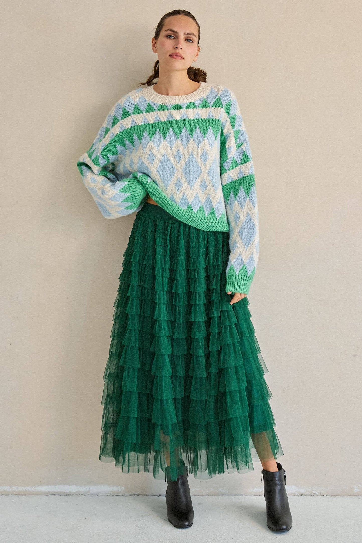 TIERED RUFFLE MESH MAXI SKIRT: GREEN