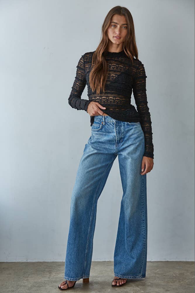 Lace See Through Mock Top: Black